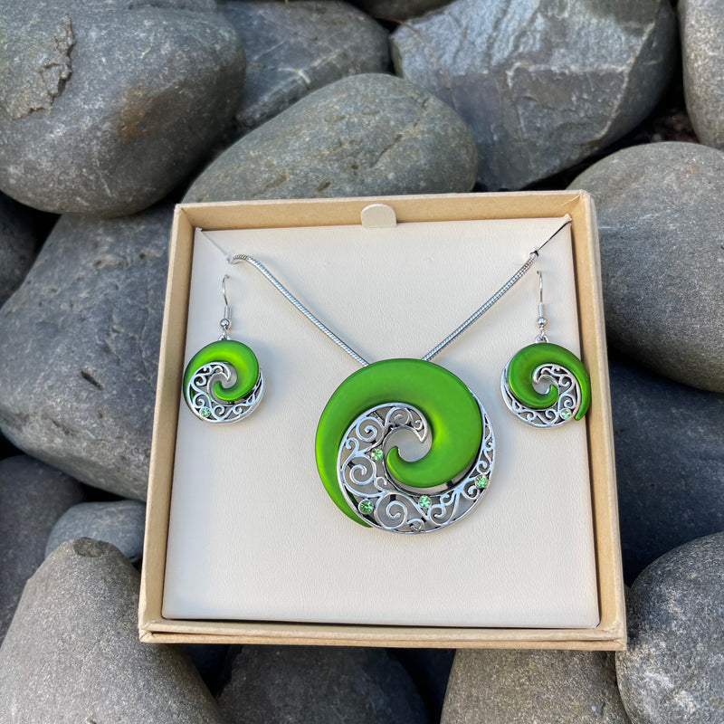 Green Koru Ox-Silver Jewellery Set